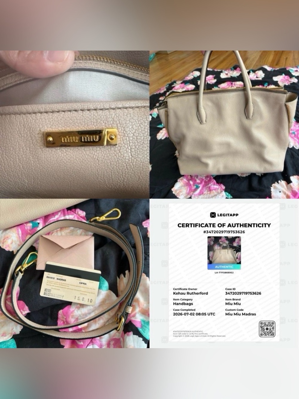 Miu Miu Madras 2 way Handbag Taupe Leather Top-Handle Satchel with Gold Hardware - Picture 15 of 15